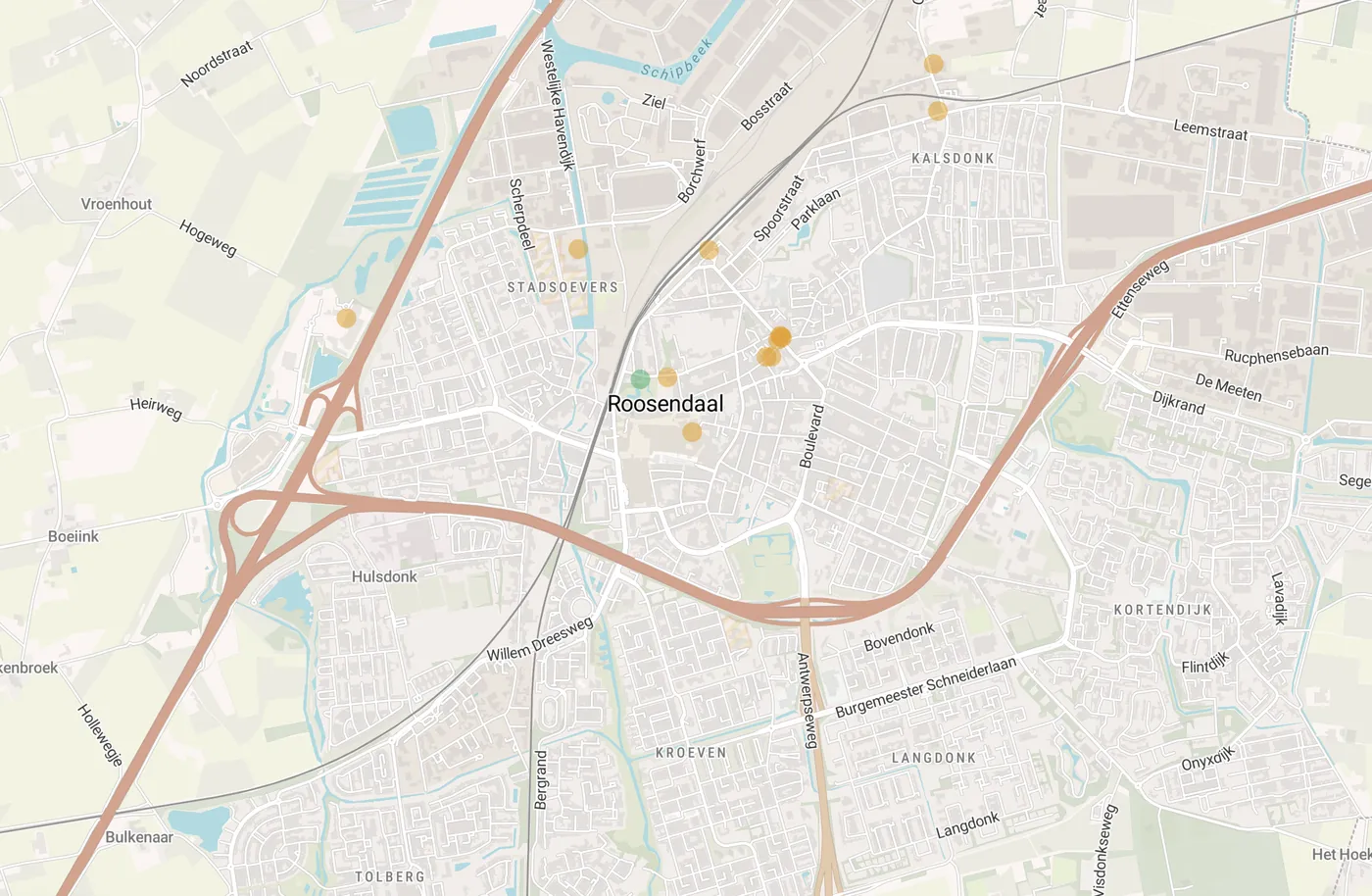 Kaart met leegstandmeldingen in Roosendaal