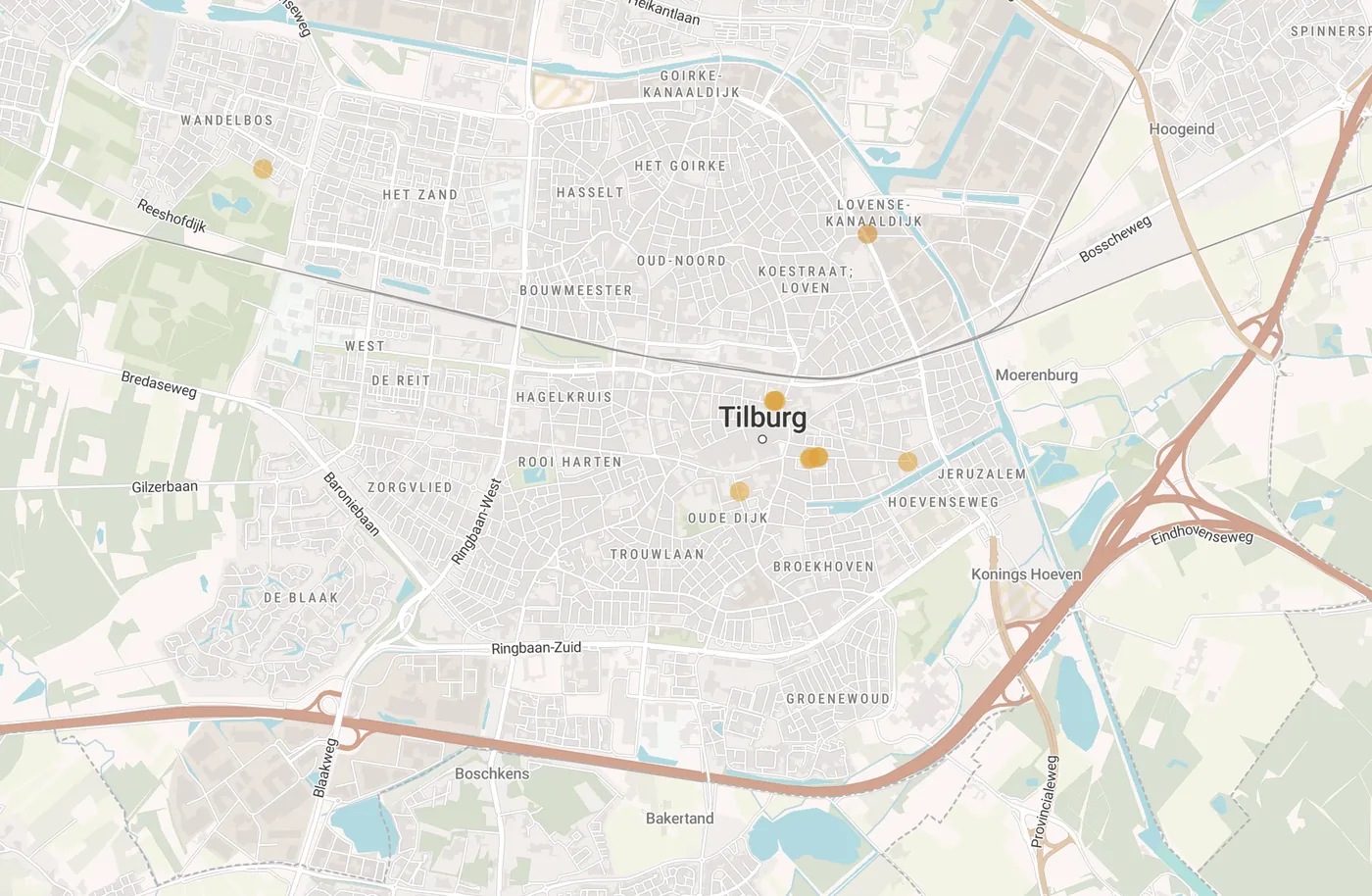 Kaart met leegstandmeldingen in Tilburg