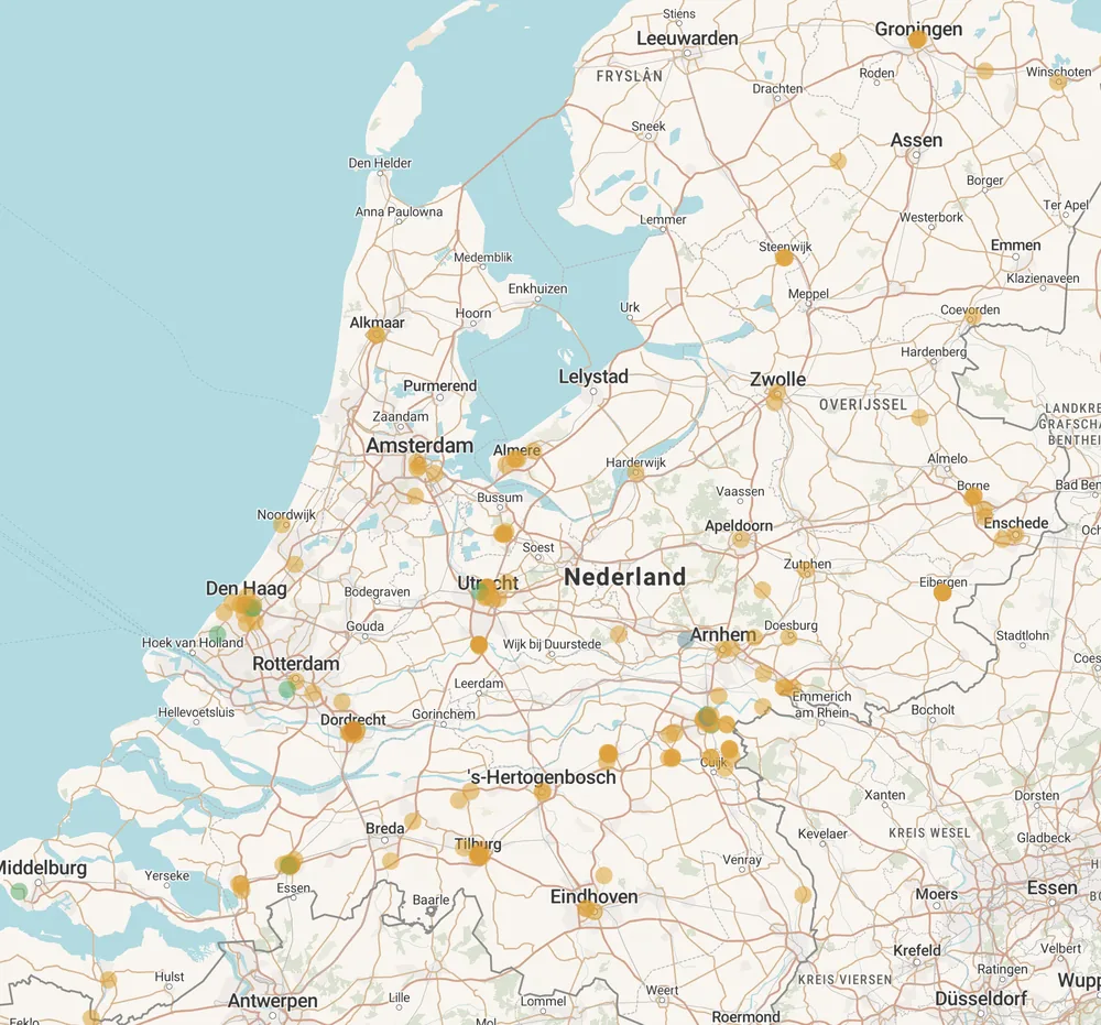 Kaart van Nederland met gemelde leegstand op vacantmap.com